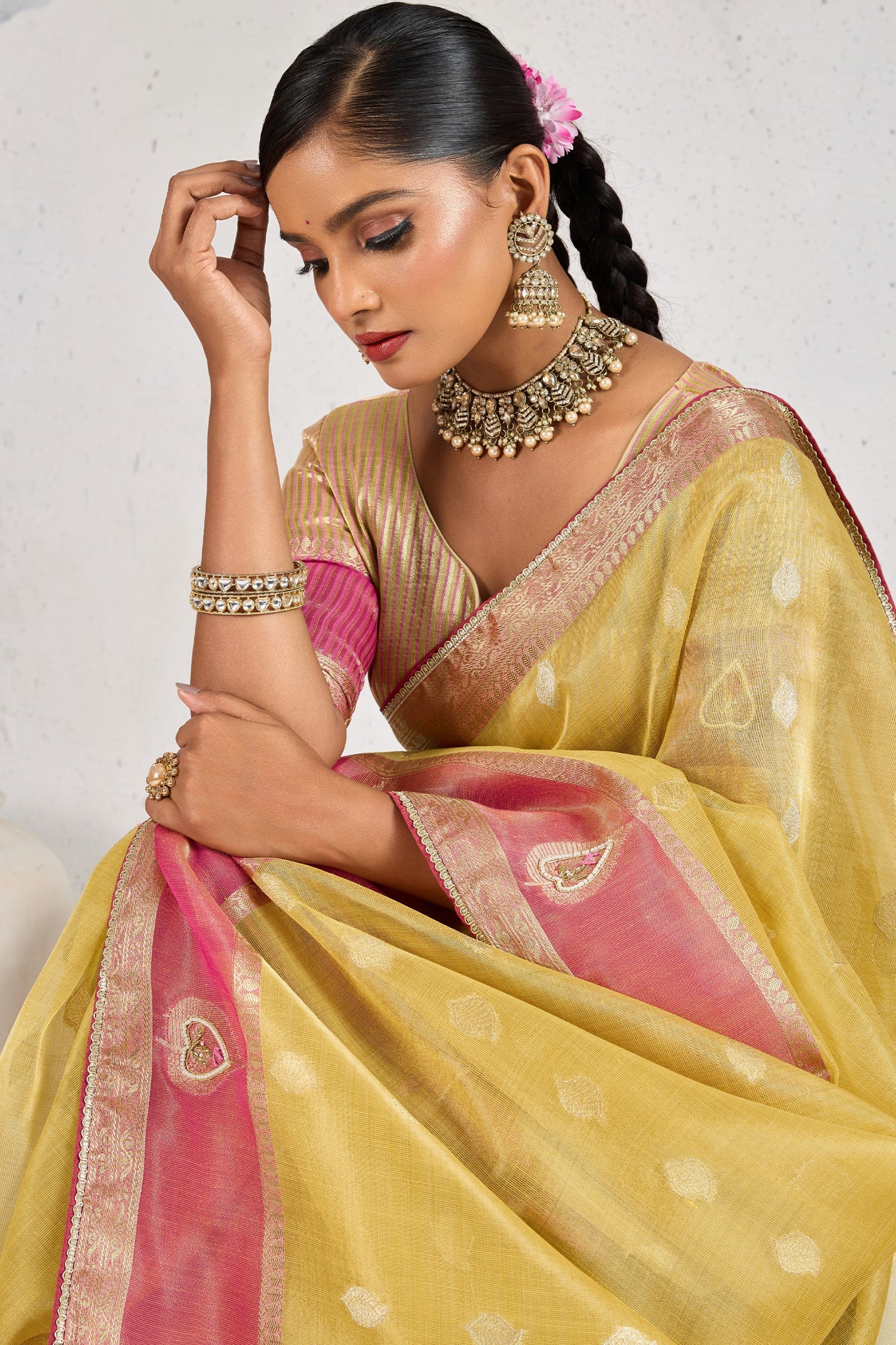 Yellow Linen Tissue Zari Weaving Saree with Contrast Border