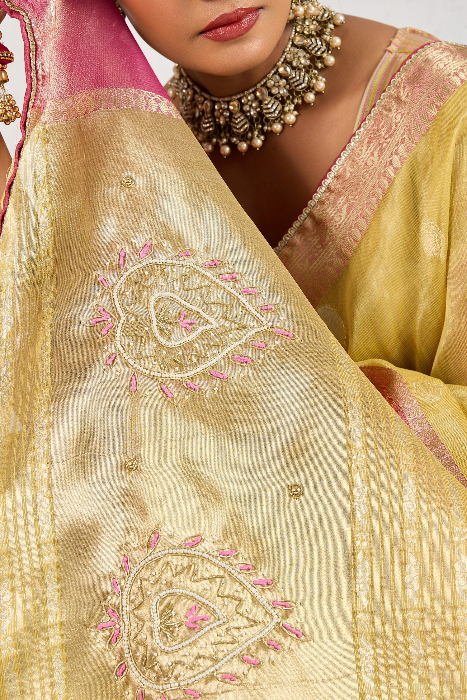Yellow Linen Tissue Zari Weaving Saree with Contrast Border