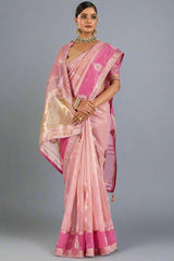 Pink Linen Tissue Zari Weaving Saree with Contrast Border