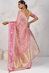 Pink Linen Tissue Zari Weaving Saree with Contrast Border