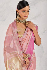 Pink Linen Tissue Zari Weaving Saree with Contrast Border