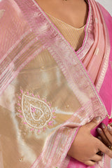 Pink Linen Tissue Zari Weaving Saree with Contrast Border