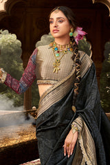 Black Banarasi Semi Silk Saree with Contrast Border and Pallu