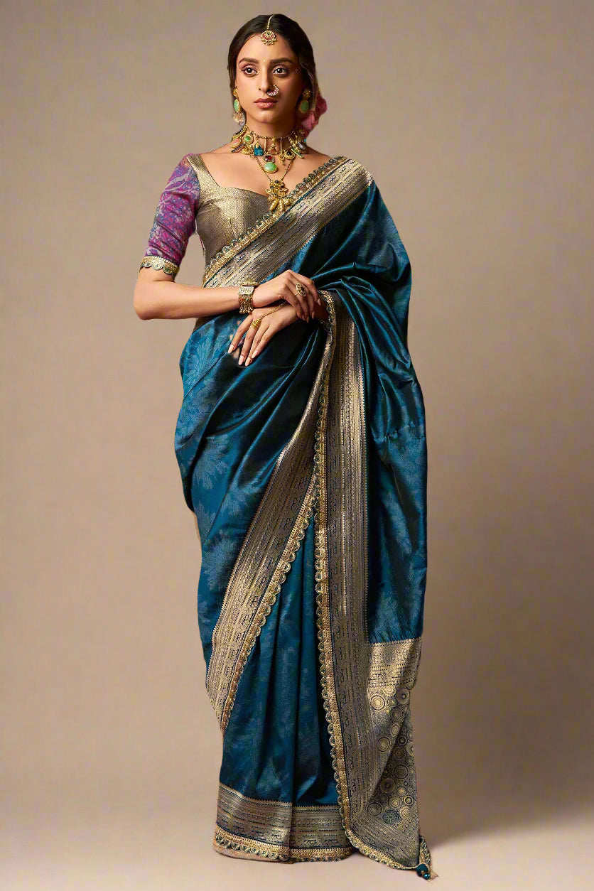 Rama Blue Banarasi Semi Silk Saree with Contrast Broder and Pallu