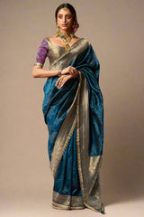 Rama Blue Banarasi Semi Silk Saree with Contrast Broder and Pallu