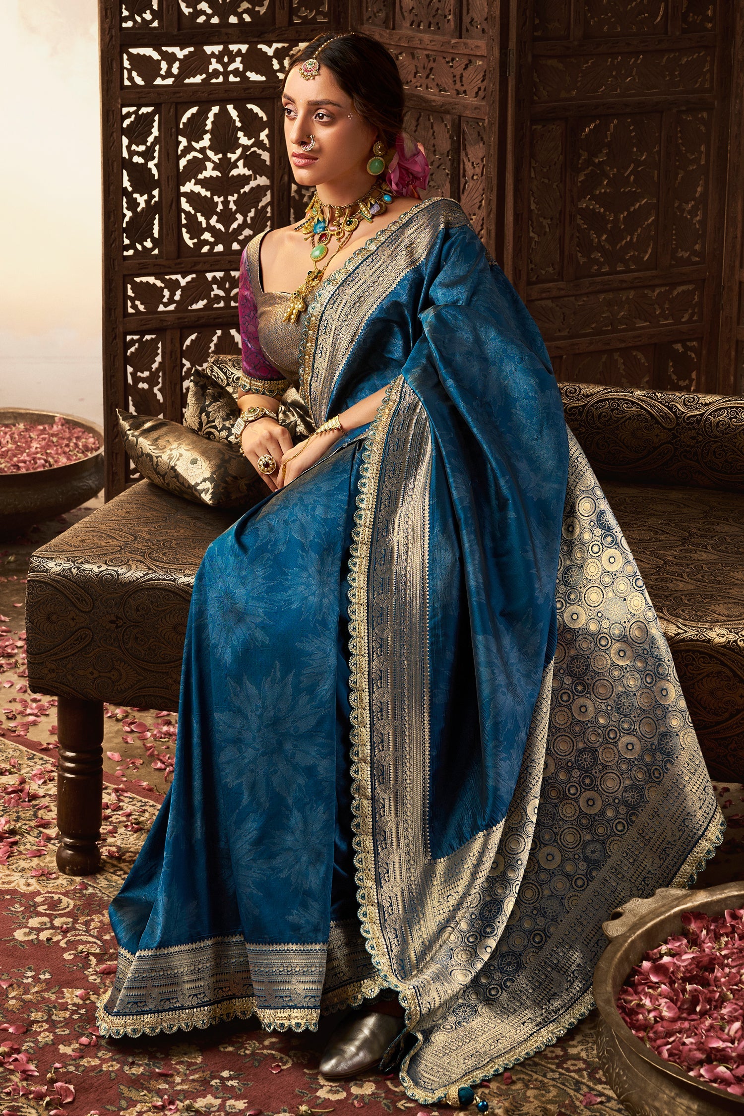 Rama Blue Banarasi Semi Silk Saree with Contrast Broder and Pallu