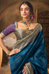 Rama Blue Banarasi Semi Silk Saree with Contrast Broder and Pallu