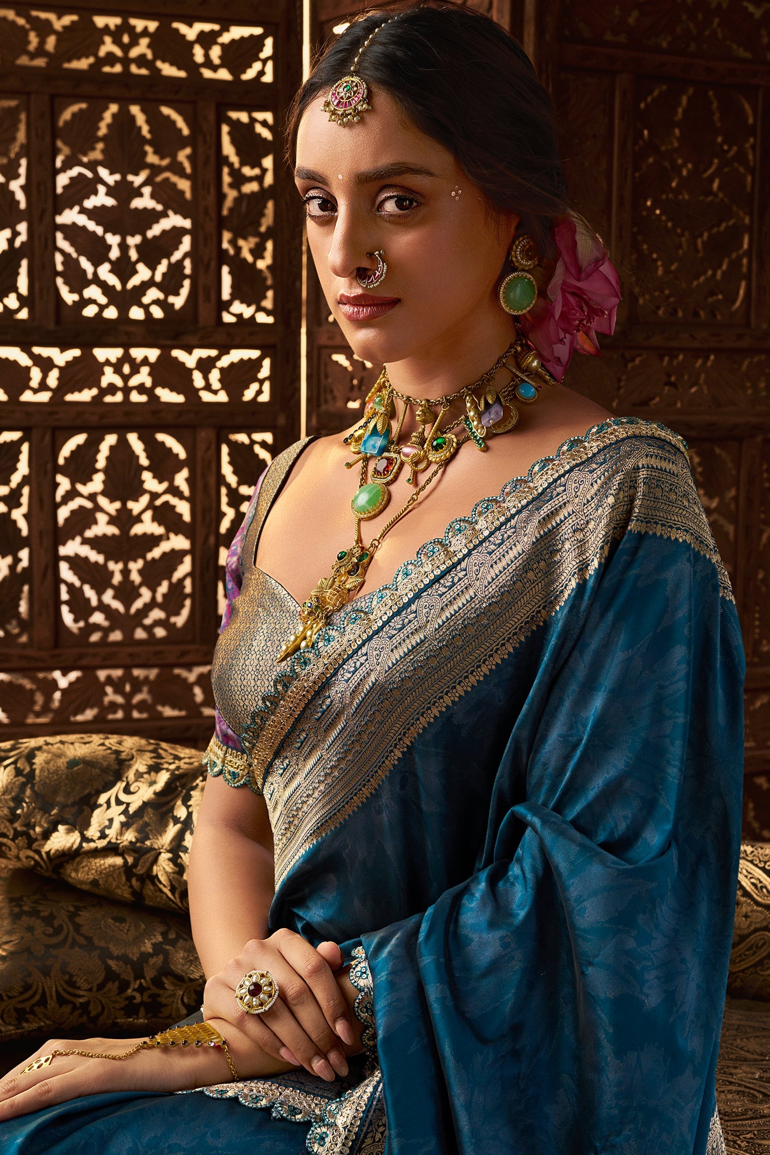 Rama Blue Banarasi Semi Silk Saree with Contrast Broder and Pallu