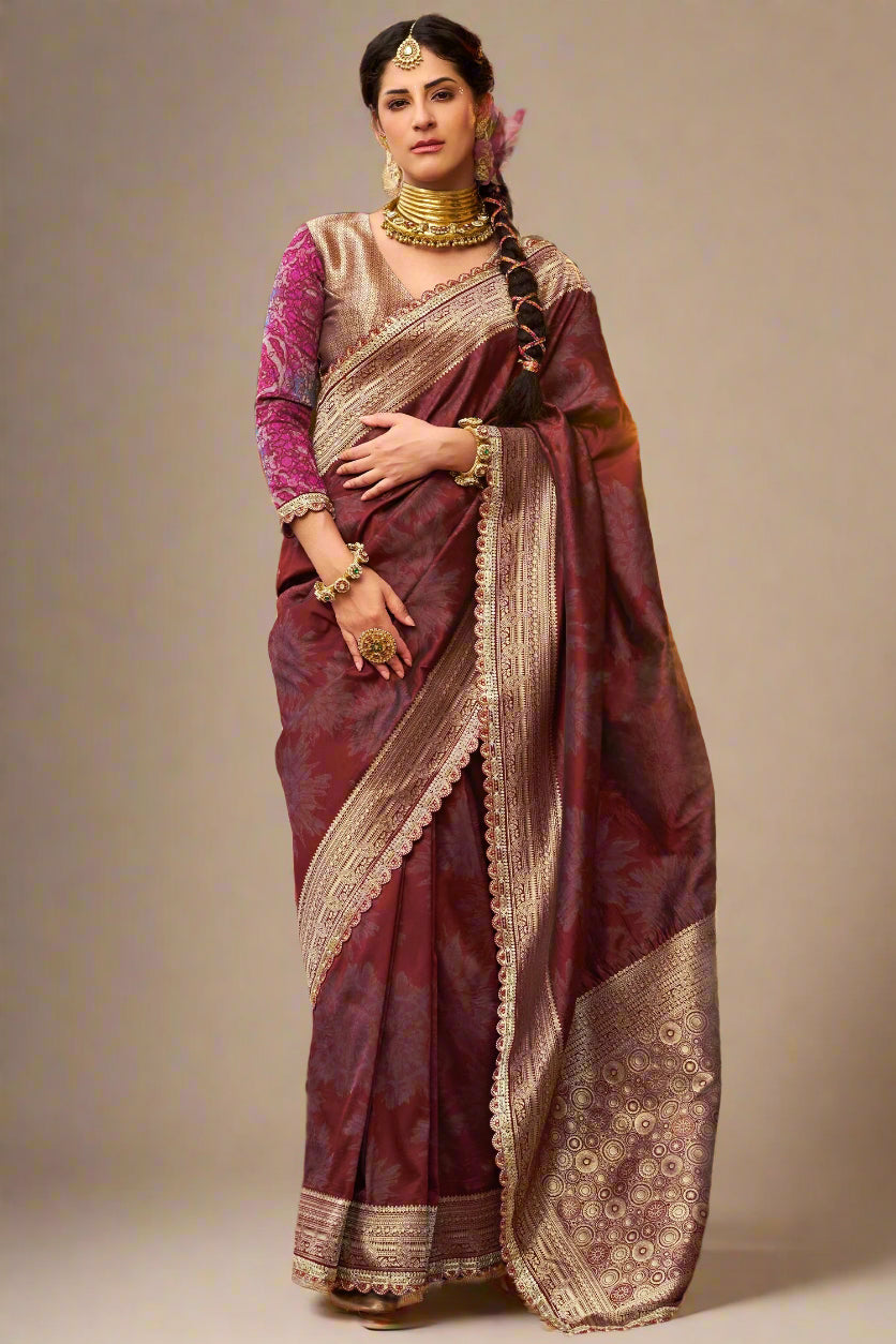 Maroon Banarasi Semi Silk Saree