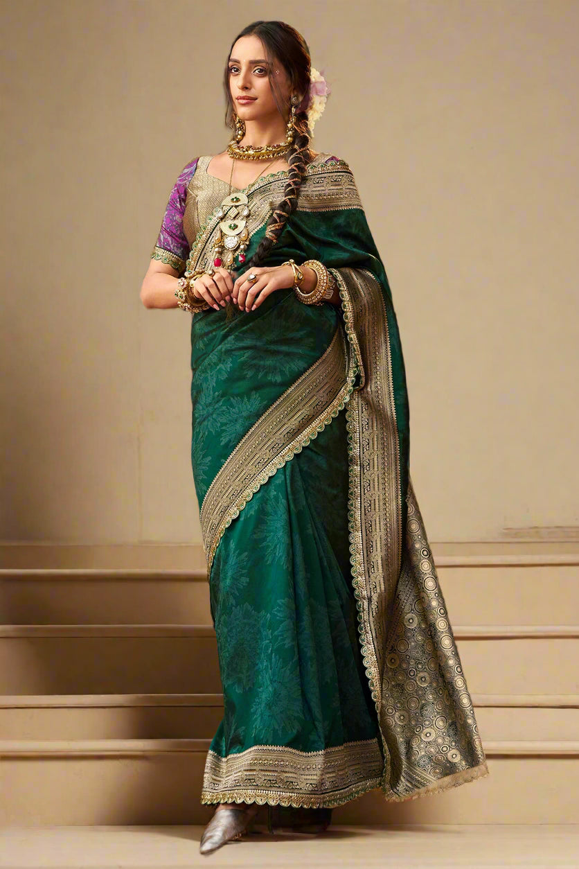 Teal Green Banarasi Semi Silk Saree with Contrast Border and Pallu