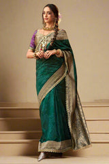 Teal Green Banarasi Semi Silk Saree with Contrast Border and Pallu