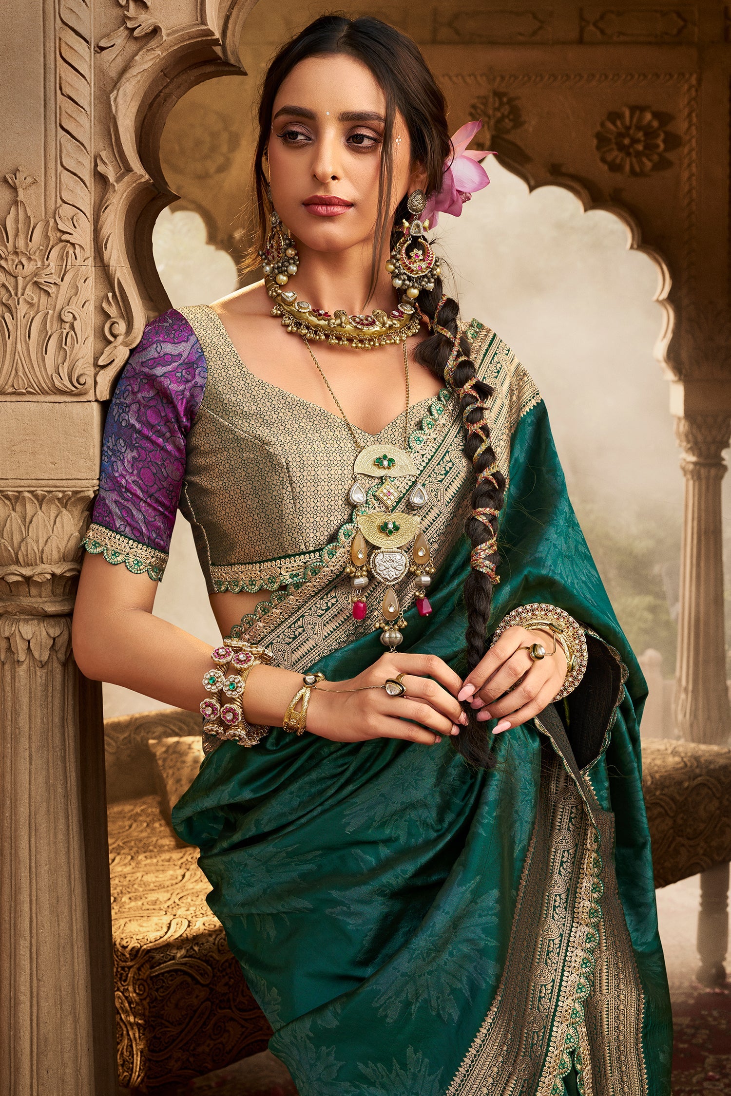 Teal Green Banarasi Semi Silk Saree with Contrast Border and Pallu