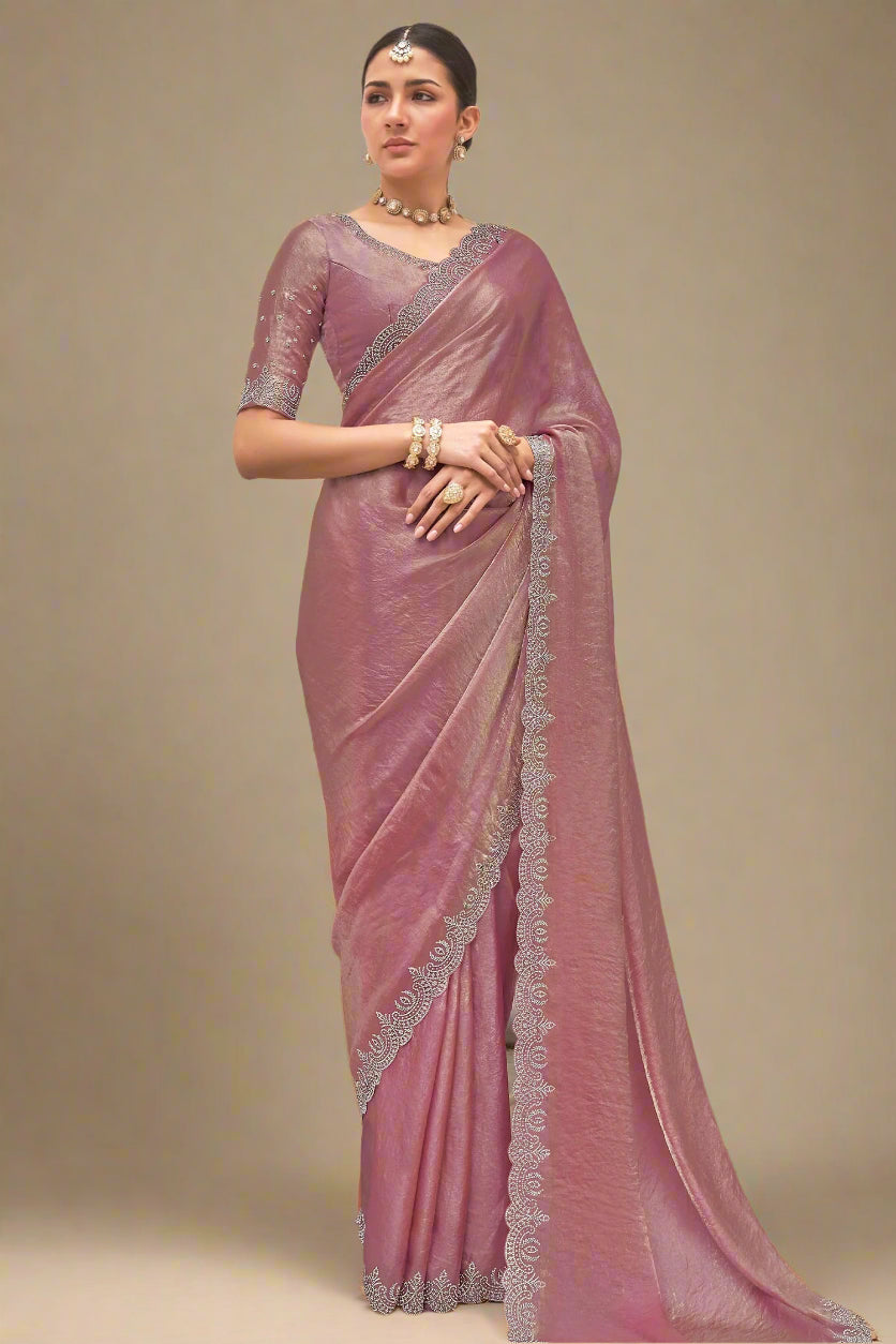 Light Pink Tissue Silk Saree with Swarovski Work