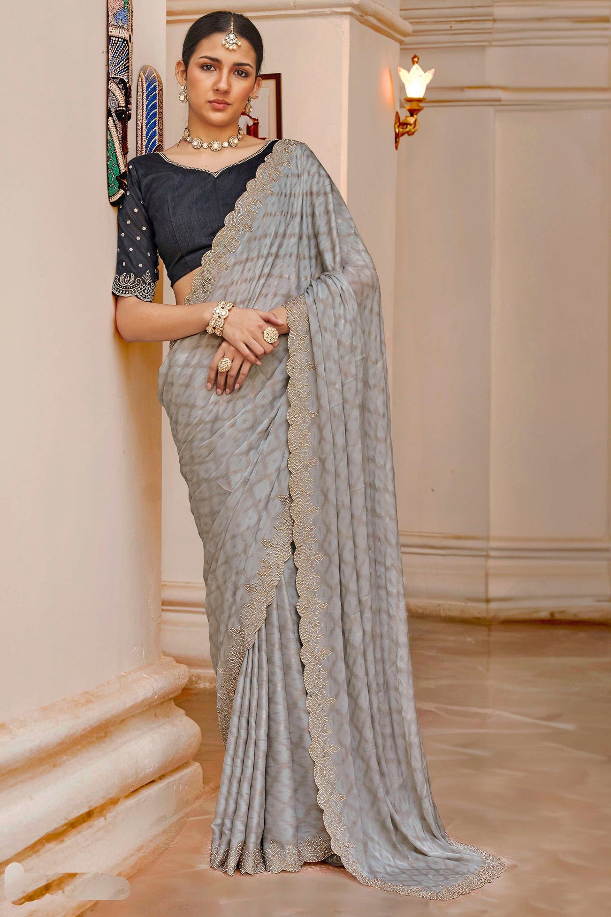 Grey Silk Saree with Swarovski Work