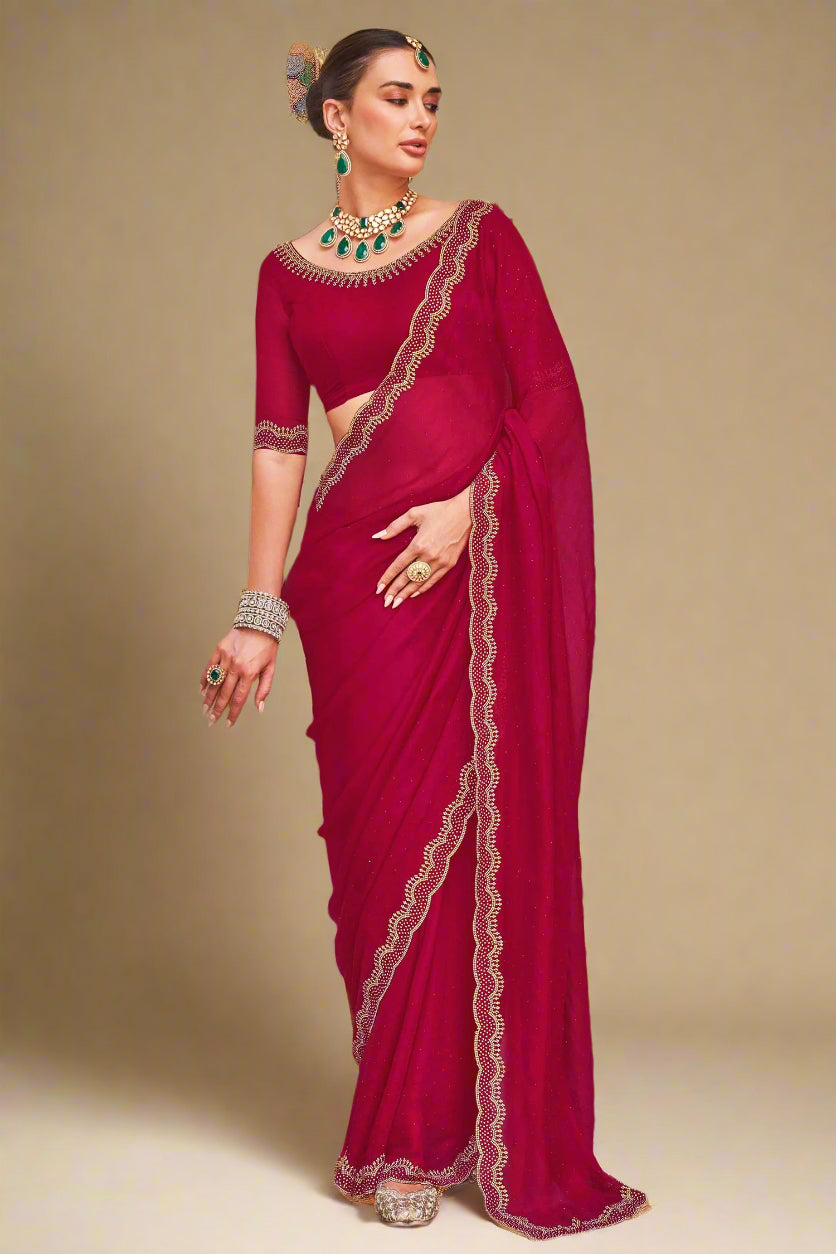Dark Pink Tissue Silk Saree with Swarovski Work