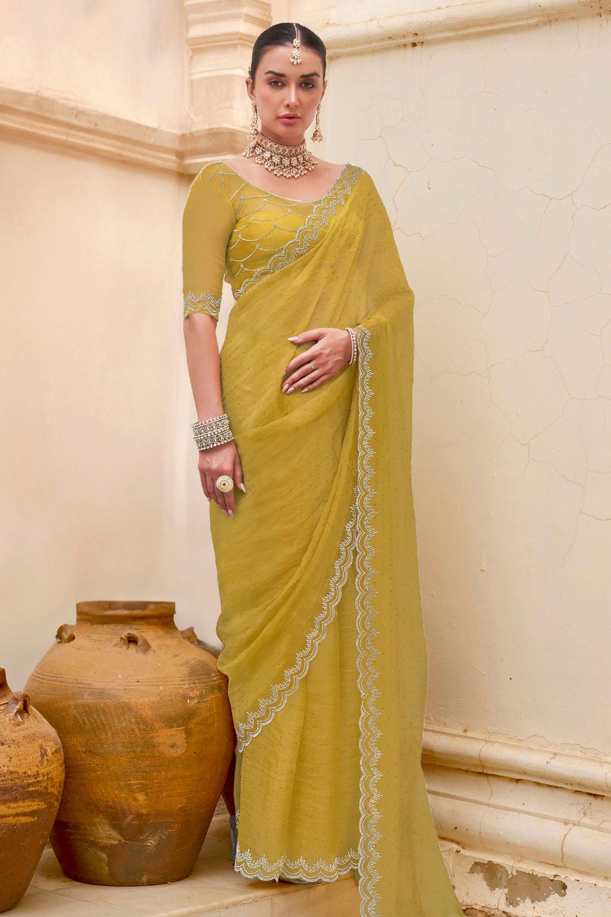 Yellow Tissue Silk Saree with Swarovski Work