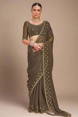 Dark Taupe Tissue Silk Saree with Swarovski Work