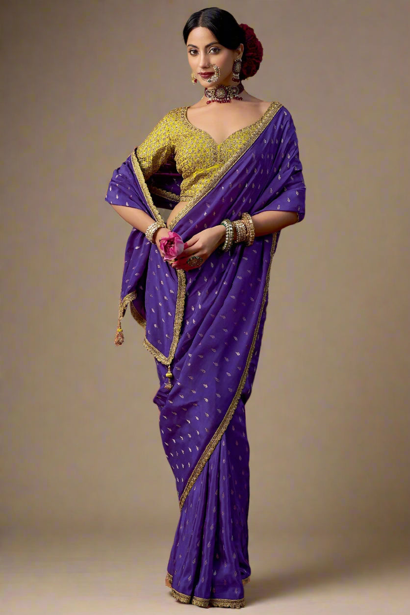 Purple Viscose Crepe Weave Butta Saree with Embroidered Border