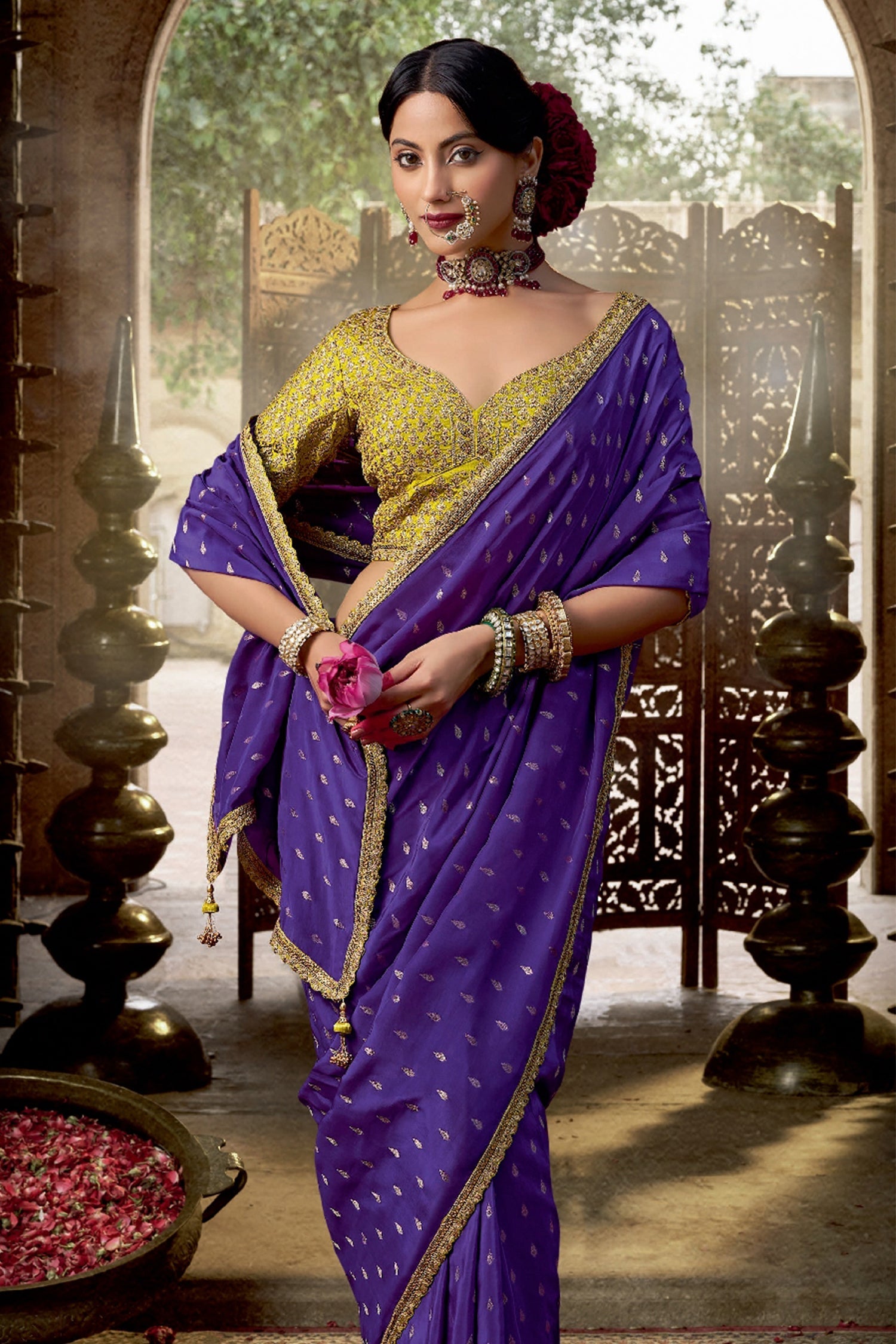 Purple Viscose Crepe Weave Butta Saree with Embroidered Border