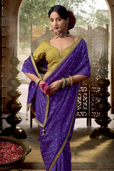 Purple Viscose Crepe Weave Butta Saree with Embroidered Border