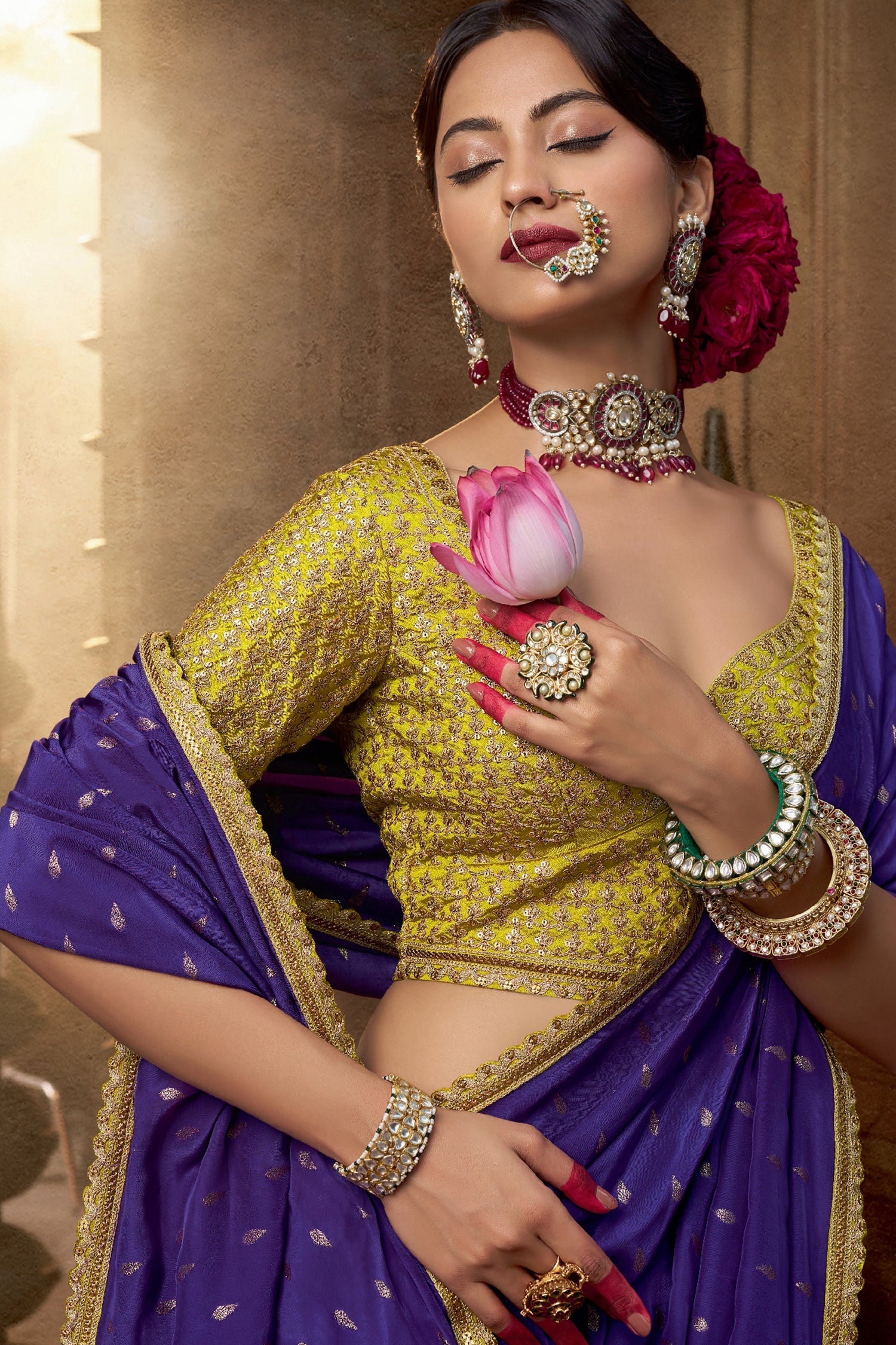 Purple Viscose Crepe Weave Butta Saree with Embroidered Border