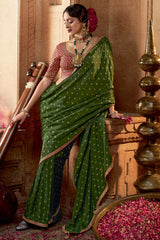 Green Viscose Crepe Weave Butta Saree with Embroidered Border