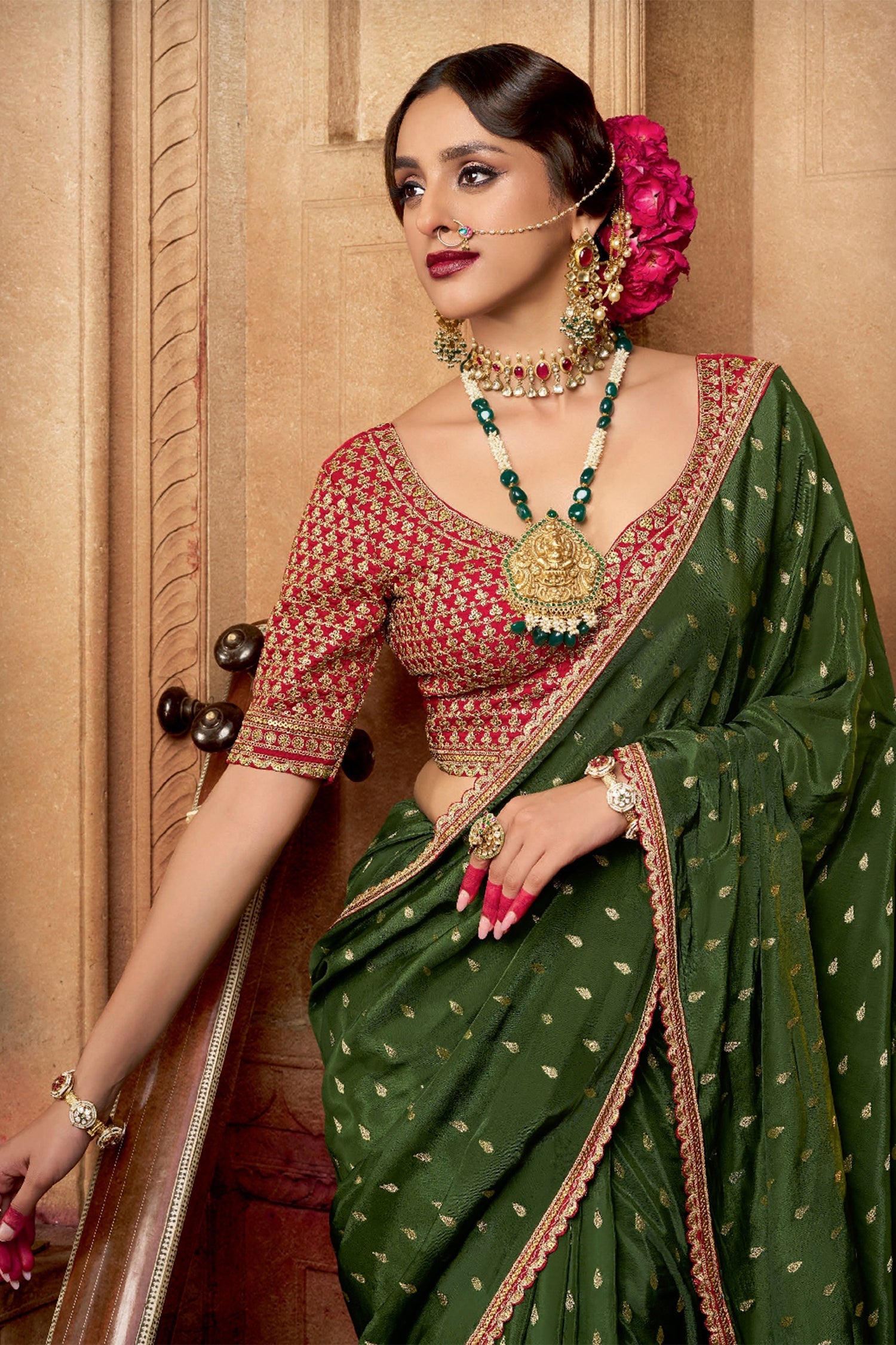 Green Viscose Crepe Weave Butta Saree with Embroidered Border