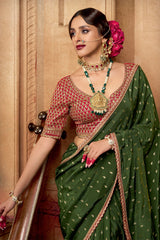 Green Viscose Crepe Weave Butta Saree with Embroidered Border