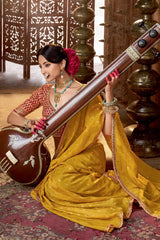 Yellow Viscose Crepe Weave Butta Saree with Embroidered Border