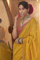 Yellow Viscose Crepe Weave Butta Saree with Embroidered Border