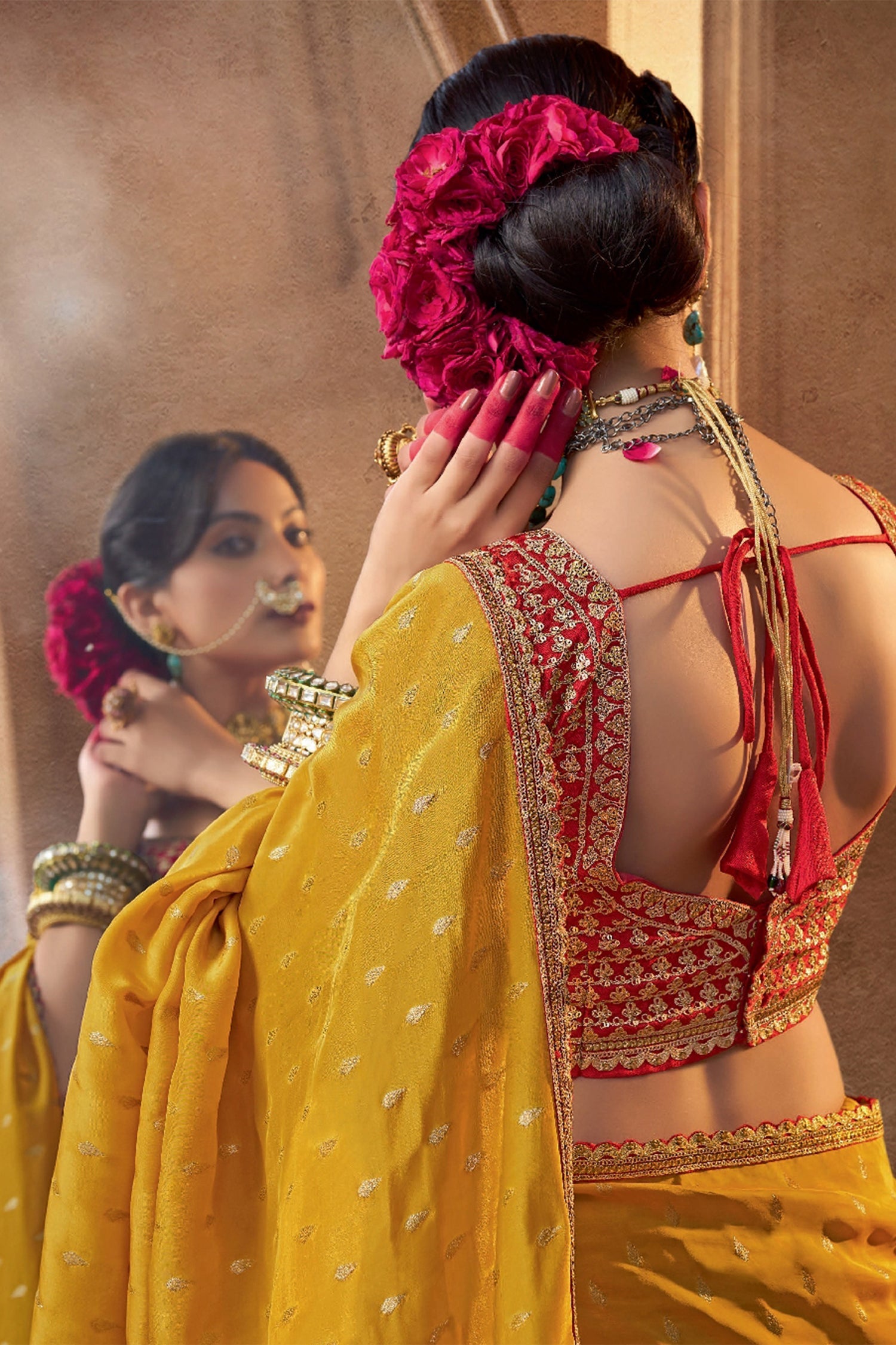 Yellow Viscose Crepe Weave Butta Saree with Embroidered Border