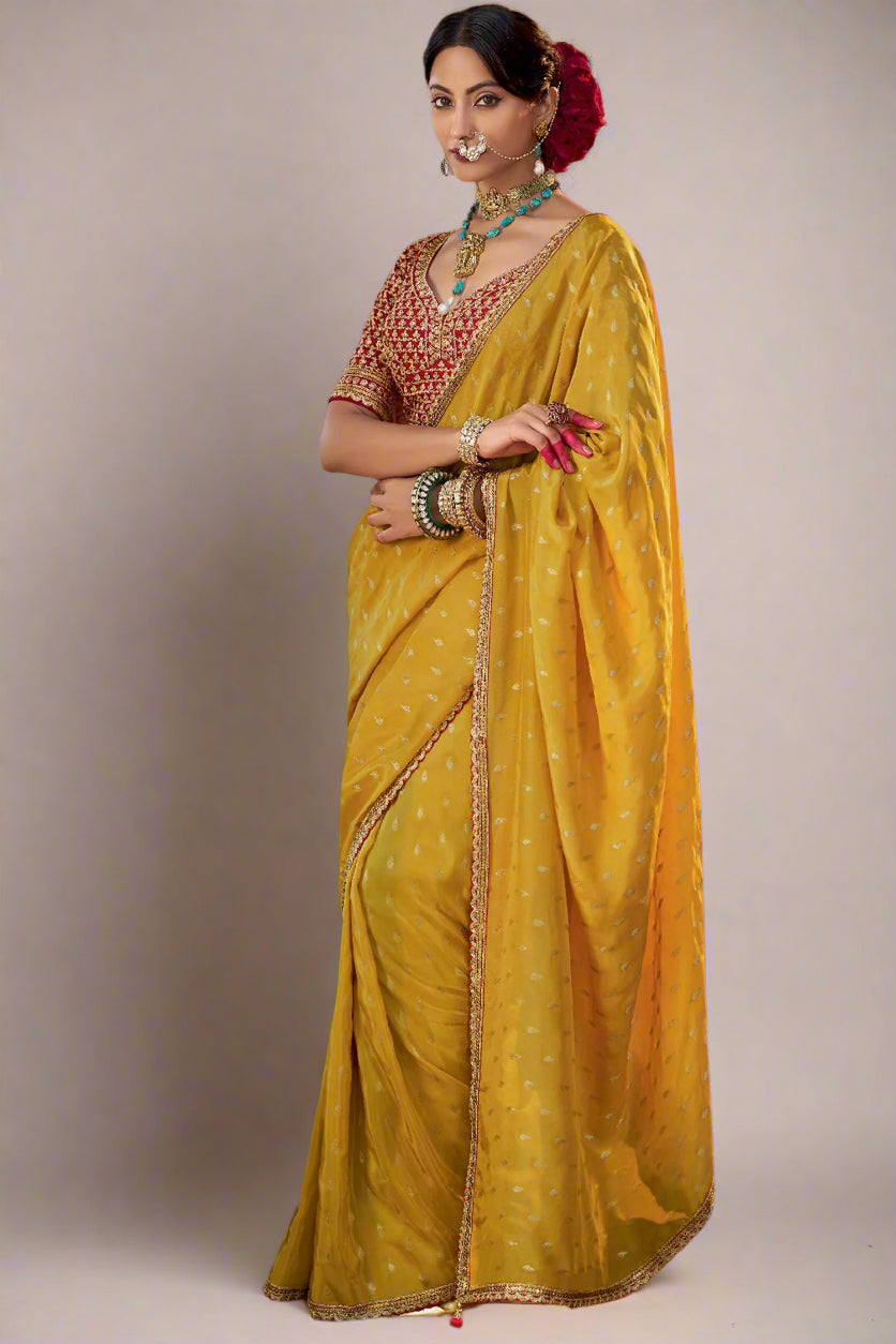 Yellow Viscose Crepe Weave Butta Saree with Embroidered Border