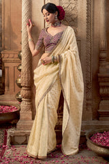 Cream Viscose Crepe Weave Butta Saree with Embroidered Border
