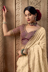 Cream Viscose Crepe Weave Butta Saree with Embroidered Border