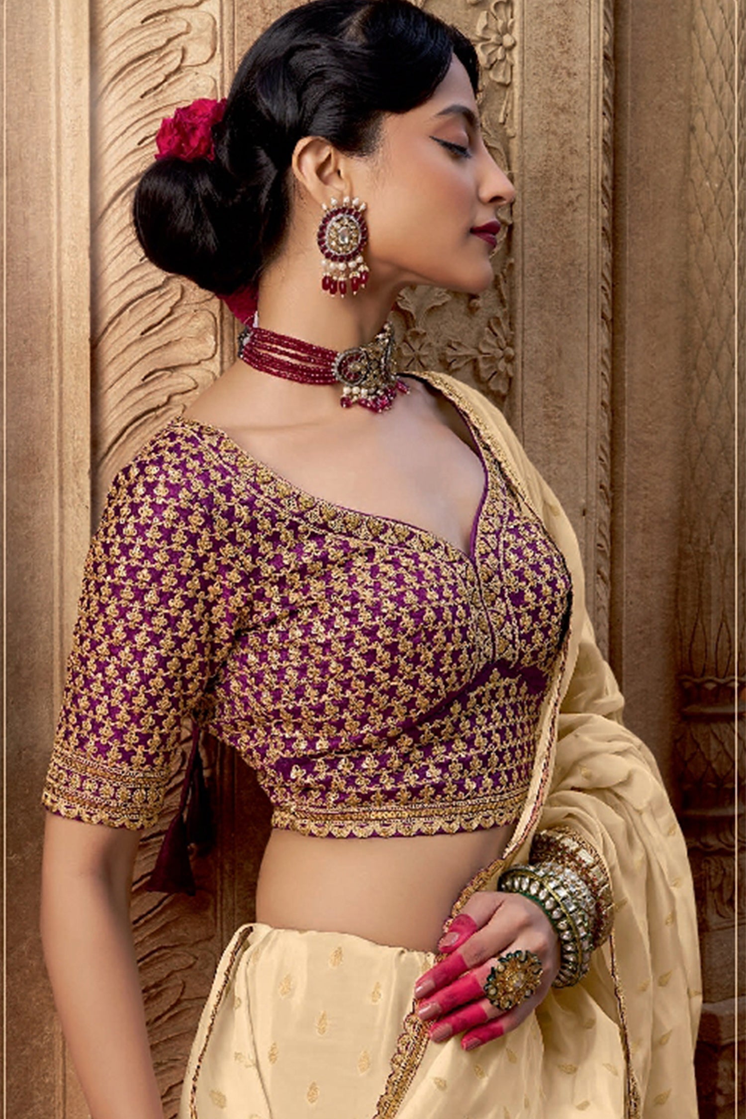 Cream Viscose Crepe Weave Butta Saree with Embroidered Border