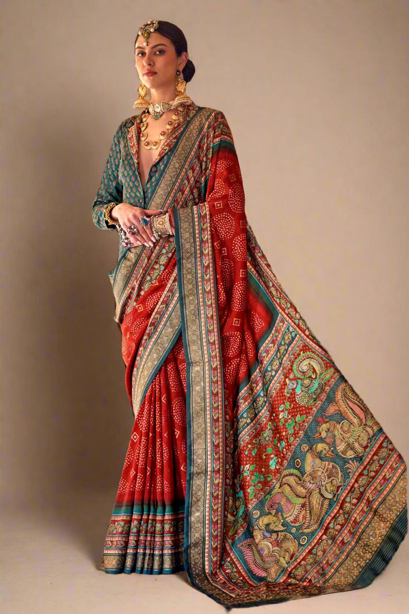 Orange Art Silk Printed Saree