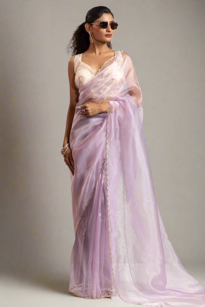Light Pink Organza Plain Saree with Swarovski Work Border