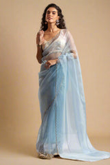 Light Blue Organza Plain Saree with Swarovski Work Border