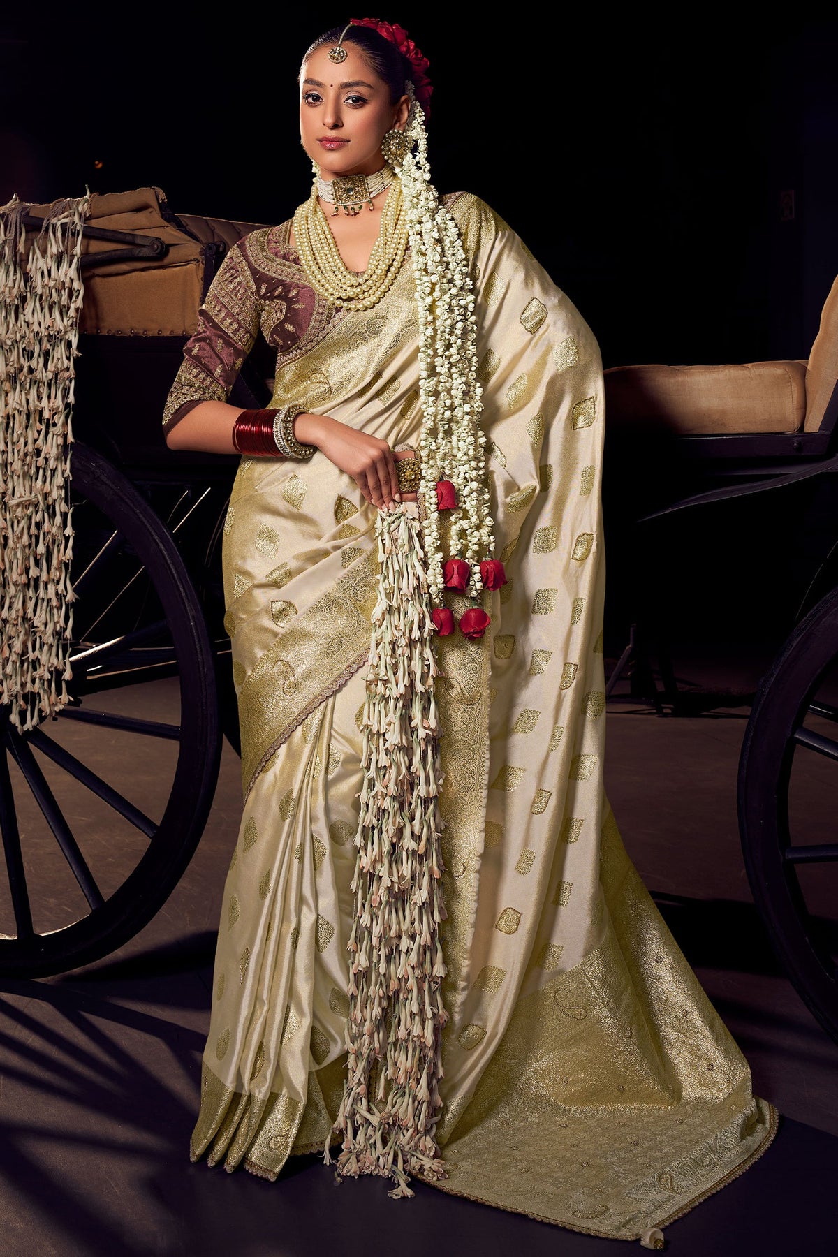 Cream Viscose Tissue All Over Woven Saree