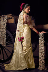 Cream Viscose Tissue All Over Woven Saree