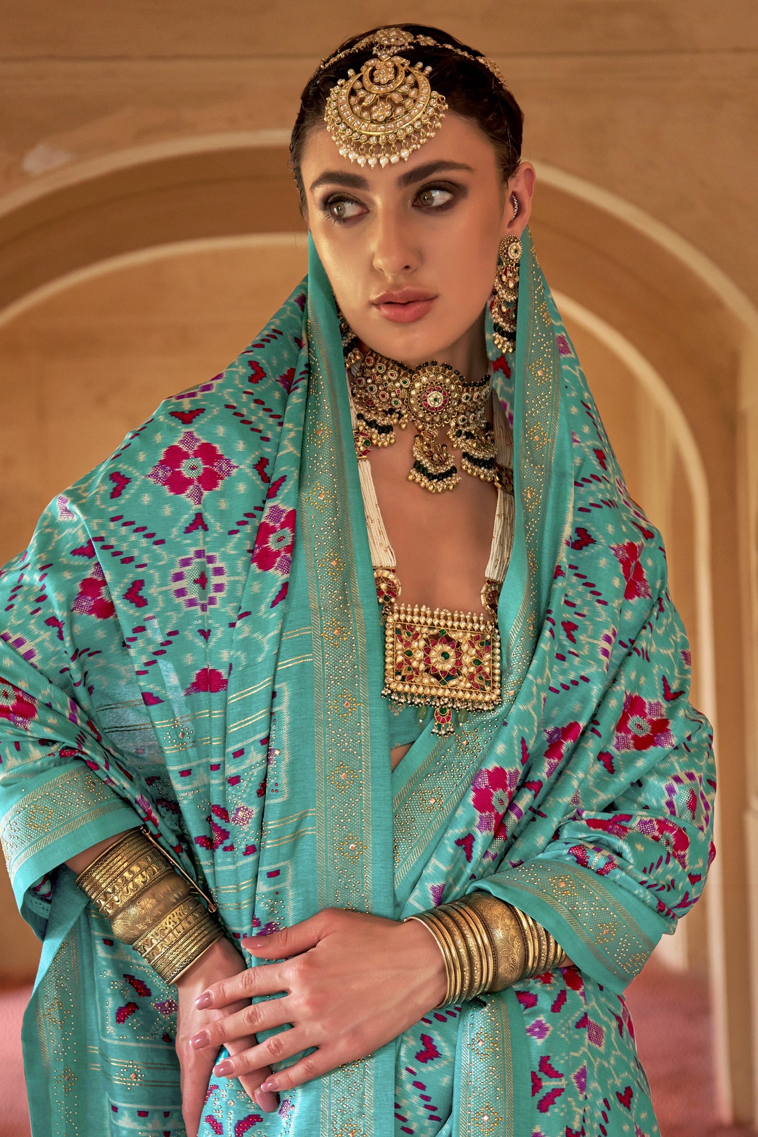 Aqua Blue Art Silk Patola Print Saree