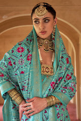 Aqua Blue Art Silk Patola Print Saree