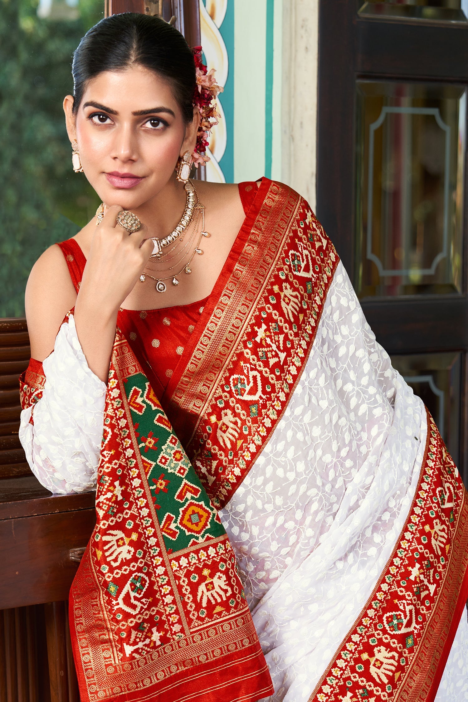 Off White Georgette Foil Print Saree