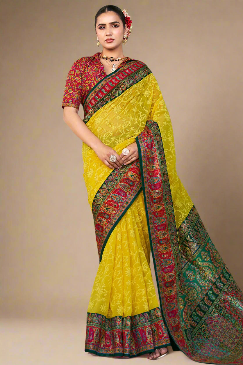 Yellow Georgette Foil Print Saree