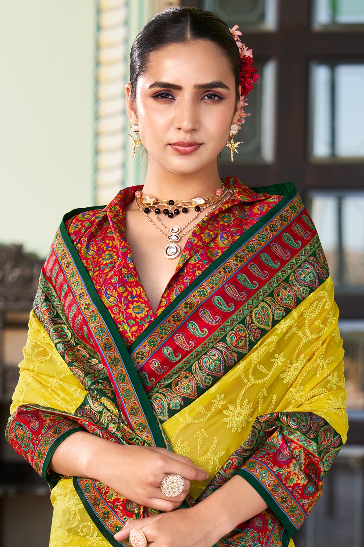 Yellow Georgette Foil Print Saree