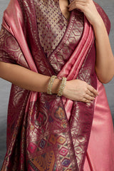 Light Pink Art Silk Woven Saree with Contrast Border and Pallu