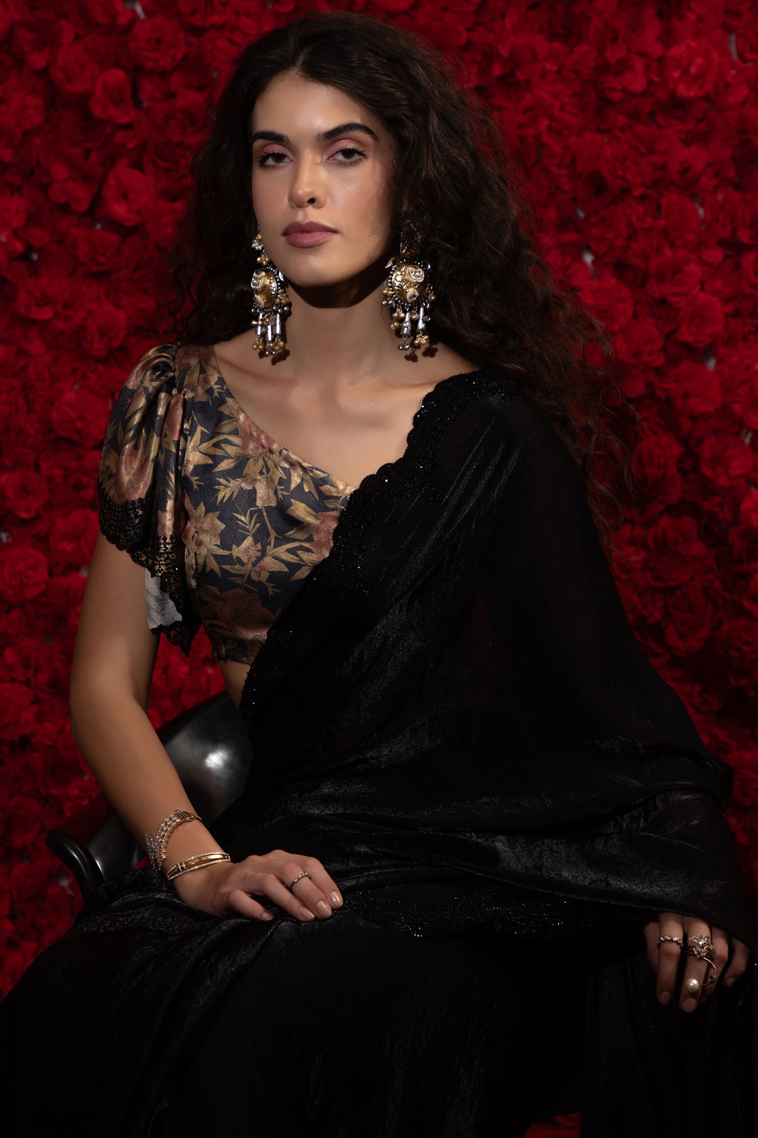 Black Crush Silk Plain Saree with Swarovski Work Border