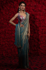 Light Blue Crush Silk Plain Saree with Swarovski Work Border