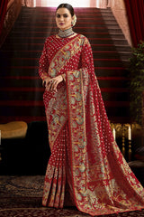 Red Tussar Silk Bandhani Print Saree