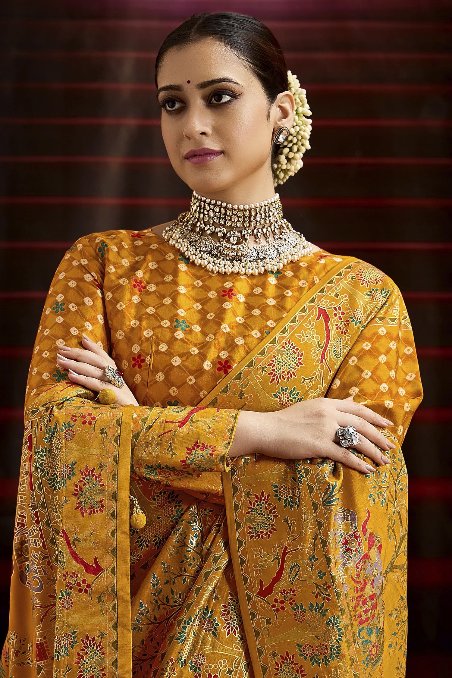 Mustard Tussar Silk Bandhani Print Saree